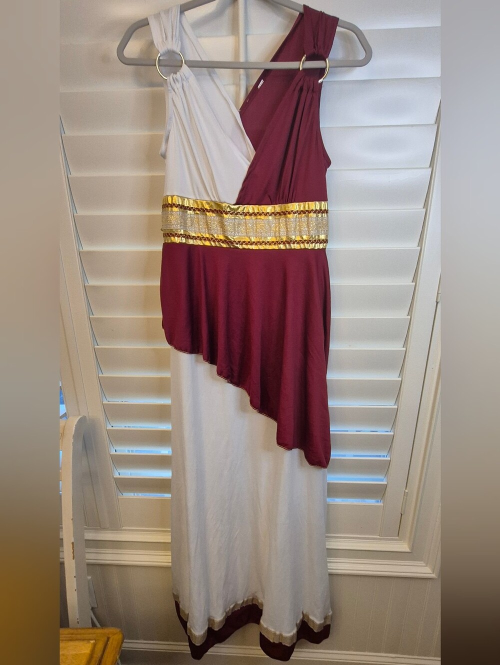 Two-Tone White and Burgundy Maxi Dress with Gold Accent